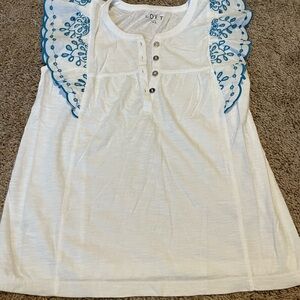 ❤️ LOFT Cream Blouse with Blue Ruffled Accents